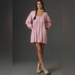 Anthropologie Mini Drees Long-Sleeve Square-Neck Denim Babydoll Pink